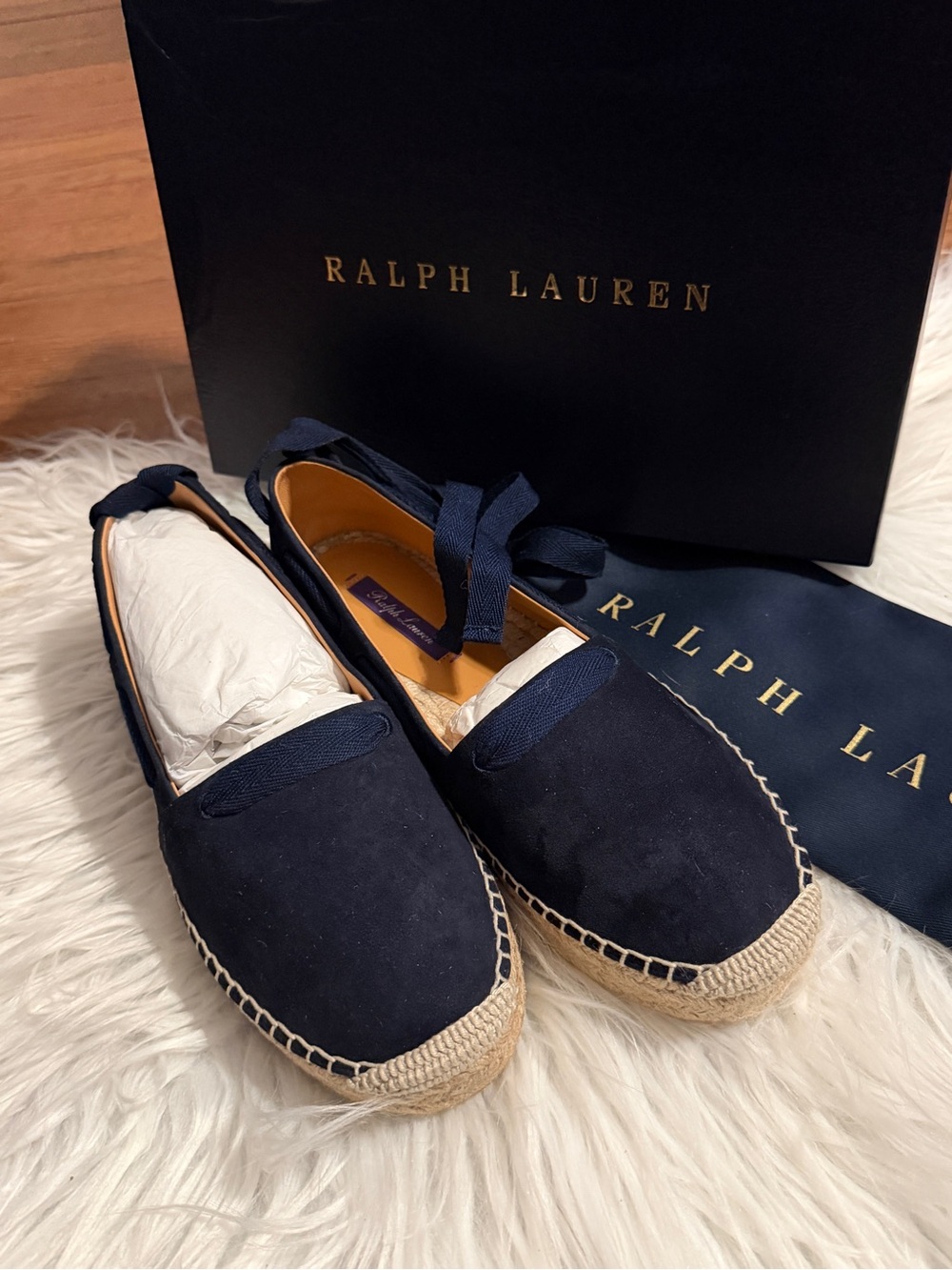 Ralph Lauren Navy Suede Espadrille with Ribbon Tie Purple Label NWT